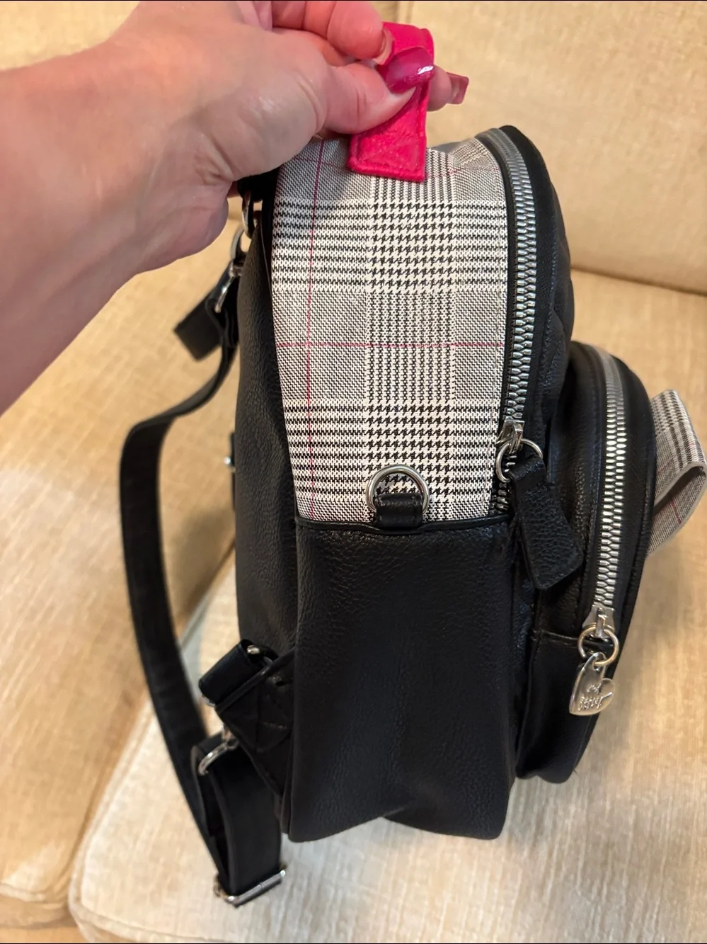Betsey Johnson Kids Black & Cream Puppy Face Backpack with Pink Handle